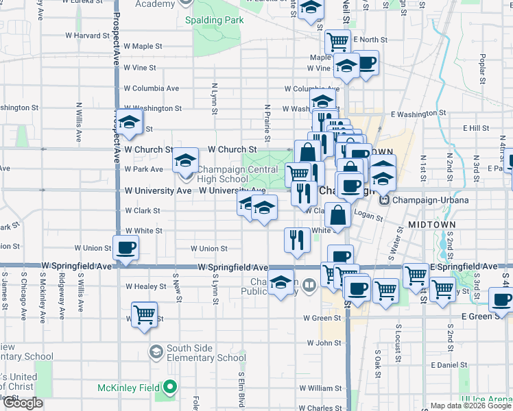 map of restaurants, bars, coffee shops, grocery stores, and more near 406 West Clark Street in Champaign
