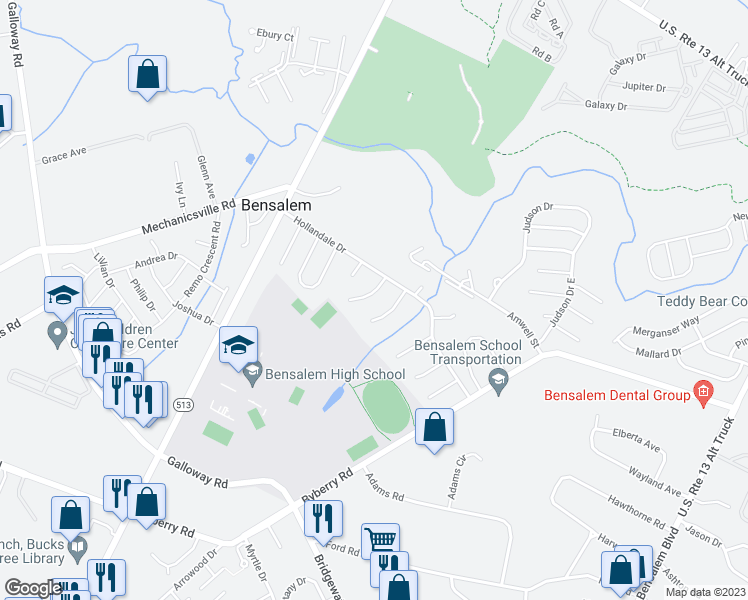 map of restaurants, bars, coffee shops, grocery stores, and more near 4749 Lanfair Place in Bensalem