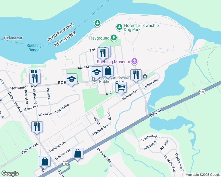 map of restaurants, bars, coffee shops, grocery stores, and more near 247 4th Avenue in Florence Township