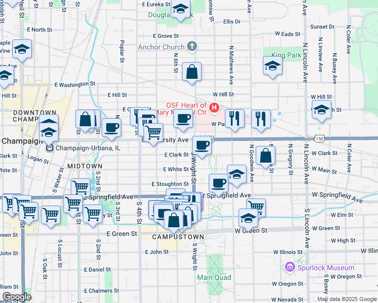 map of restaurants, bars, coffee shops, grocery stores, and more near 601 East University Avenue in Champaign