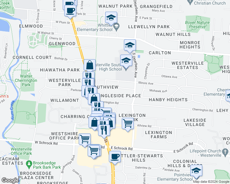 map of restaurants, bars, coffee shops, grocery stores, and more near 80 Electric Avenue in Westerville