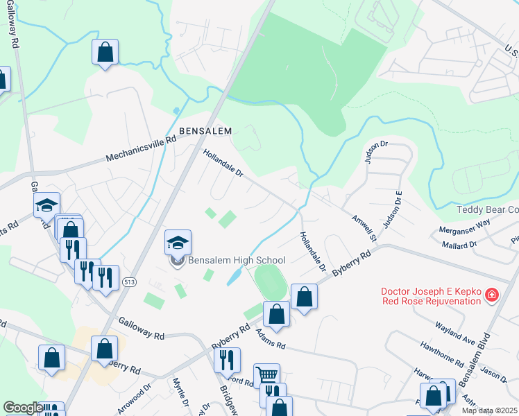 map of restaurants, bars, coffee shops, grocery stores, and more near 4749 Lanfair Place in Bensalem