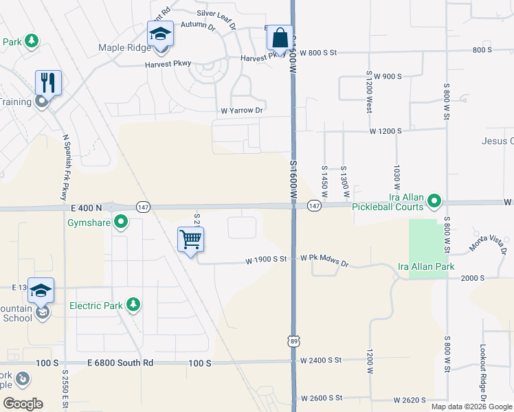 map of restaurants, bars, coffee shops, grocery stores, and more near Utah 147 in Springville