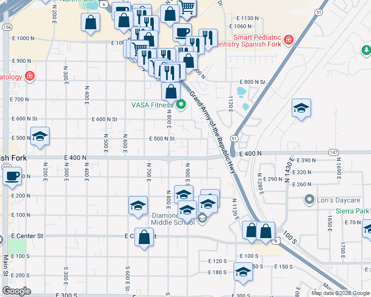 map of restaurants, bars, coffee shops, grocery stores, and more near 900 East 500 North in Spanish Fork