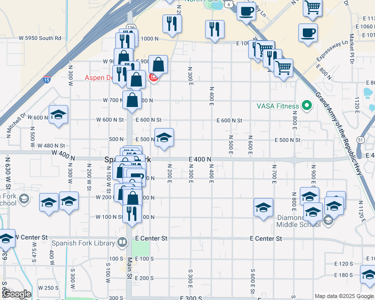 map of restaurants, bars, coffee shops, grocery stores, and more near 471 North 300 East in Spanish Fork