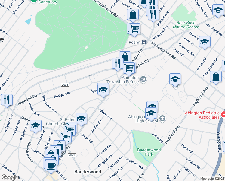 map of restaurants, bars, coffee shops, grocery stores, and more near 871 North Easton Road in Glenside