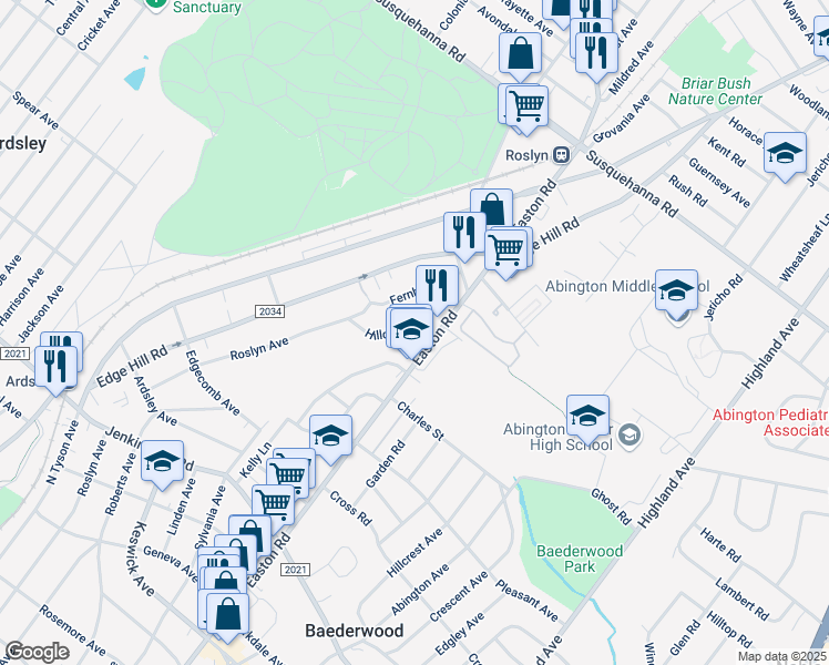 map of restaurants, bars, coffee shops, grocery stores, and more near 870 Hilldale Road in Glenside