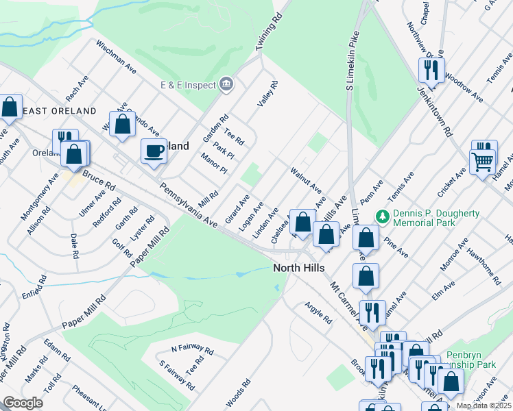 map of restaurants, bars, coffee shops, grocery stores, and more near 158 Logan Avenue in Glenside