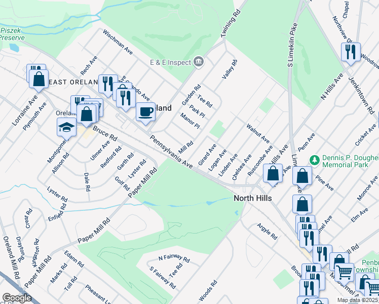 map of restaurants, bars, coffee shops, grocery stores, and more near 82 Cannon Place in Oreland