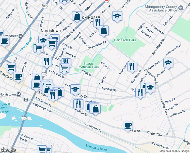map of restaurants, bars, coffee shops, grocery stores, and more near 803 Thomas Street in Norristown