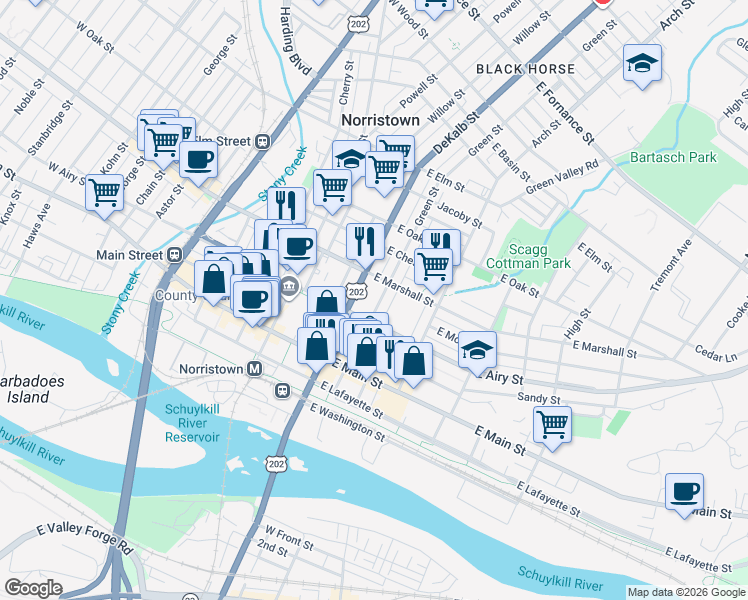 map of restaurants, bars, coffee shops, grocery stores, and more near 534 DeKalb Street in Norristown