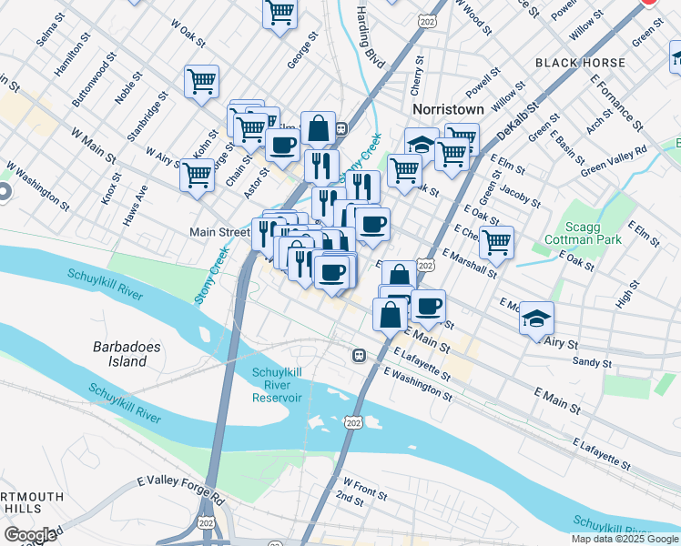 map of restaurants, bars, coffee shops, grocery stores, and more near 411 Cherry Street in Norristown
