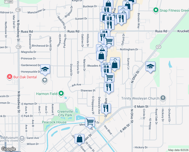 map of restaurants, bars, coffee shops, grocery stores, and more near 283 Ark Avenue in Greenville