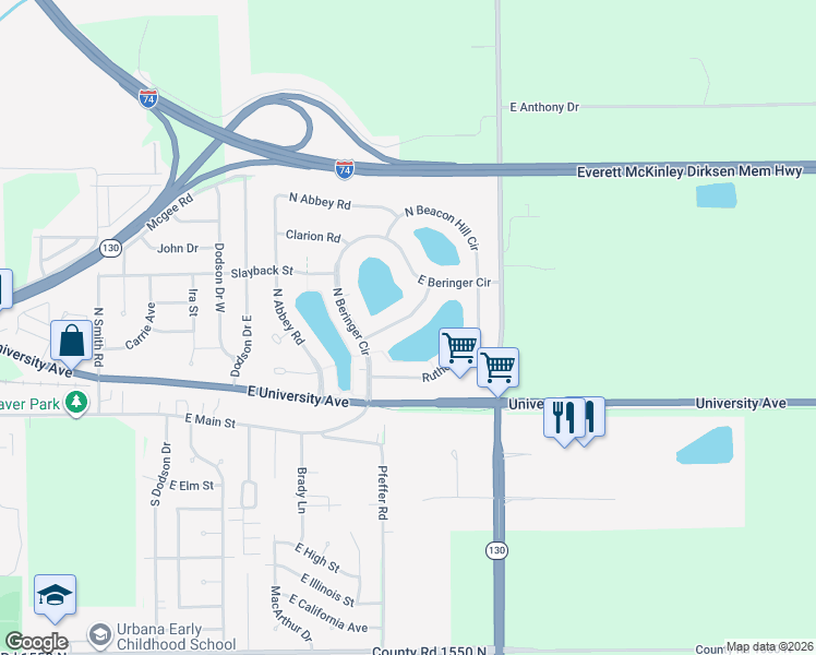 map of restaurants, bars, coffee shops, grocery stores, and more near 2908 Artesia Crossing in Urbana