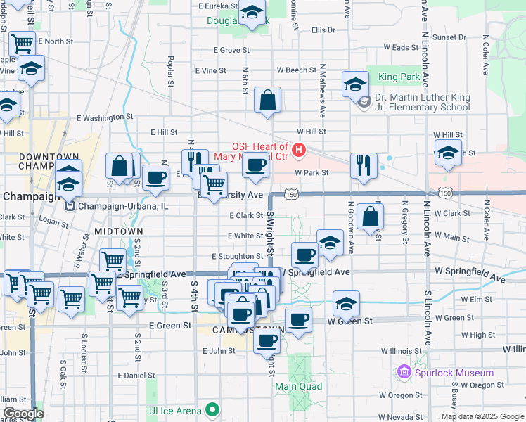 map of restaurants, bars, coffee shops, grocery stores, and more near 601 East University Avenue in Champaign