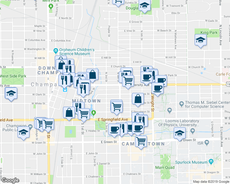 map of restaurants, bars, coffee shops, grocery stores, and more near 307 East University Avenue in Champaign