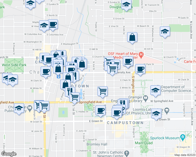 map of restaurants, bars, coffee shops, grocery stores, and more near 307 East University Avenue in Champaign