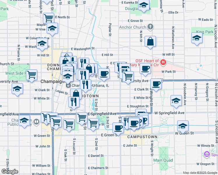 map of restaurants, bars, coffee shops, grocery stores, and more near 307 East University Avenue in Champaign
