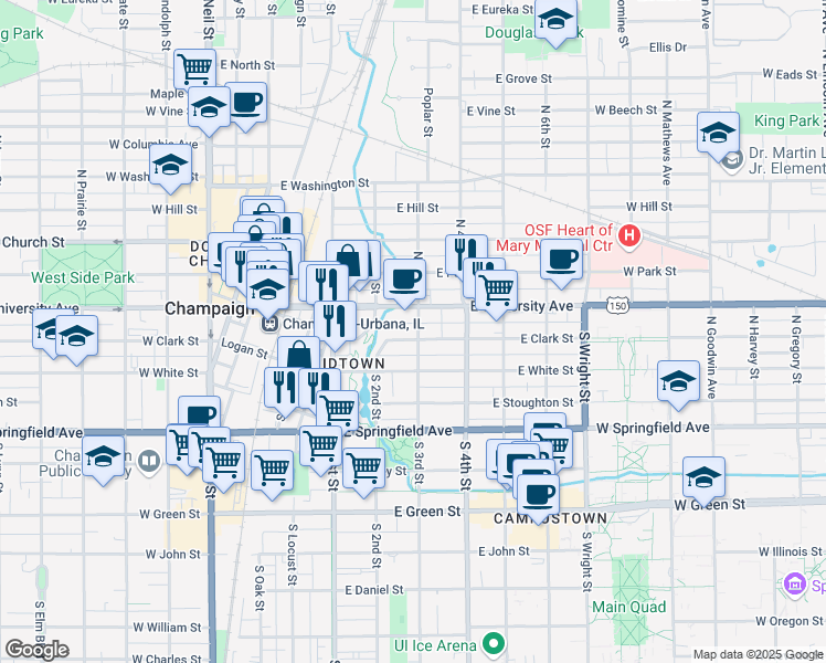map of restaurants, bars, coffee shops, grocery stores, and more near 209 East University Avenue in Champaign