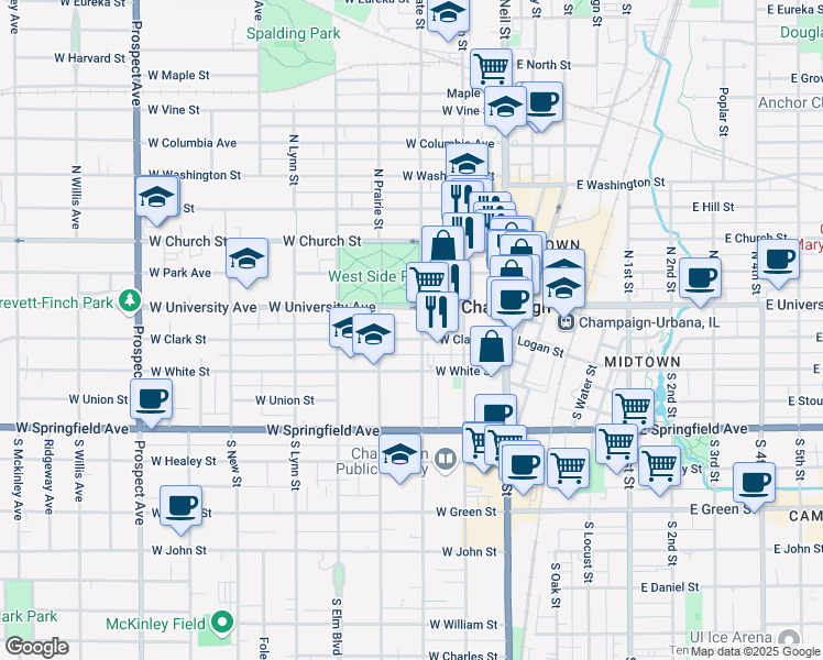 map of restaurants, bars, coffee shops, grocery stores, and more near 211 West University Avenue in Champaign