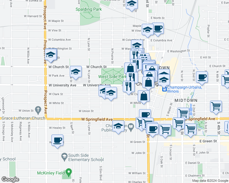 map of restaurants, bars, coffee shops, grocery stores, and more near 309 West University Avenue in Champaign