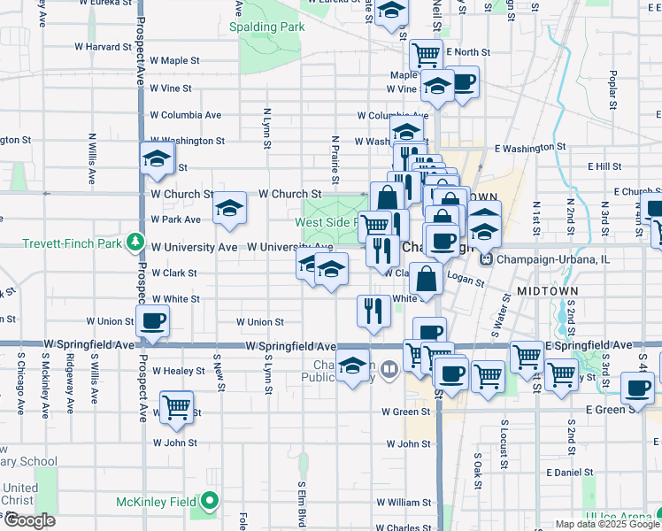 map of restaurants, bars, coffee shops, grocery stores, and more near 309 West University Avenue in Champaign