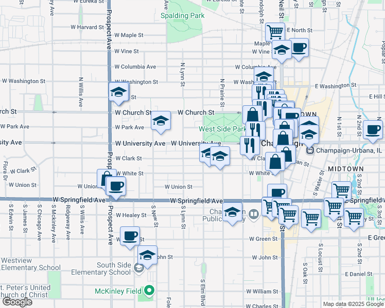 map of restaurants, bars, coffee shops, grocery stores, and more near 505 West University Avenue in Champaign