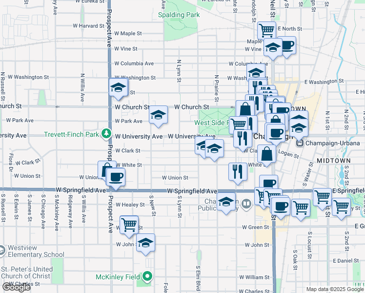 map of restaurants, bars, coffee shops, grocery stores, and more near 505 West University Avenue in Champaign