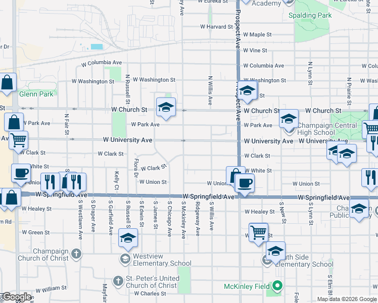 map of restaurants, bars, coffee shops, grocery stores, and more near 1009 West University Avenue in Champaign