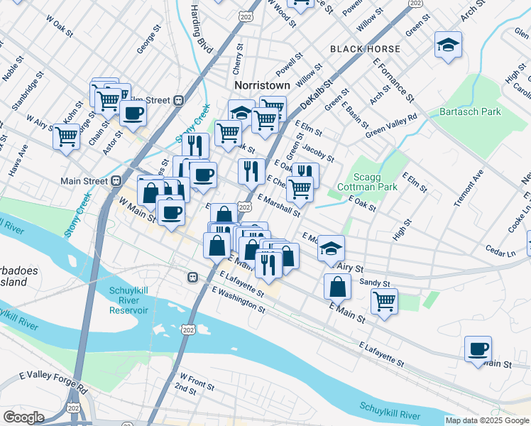 map of restaurants, bars, coffee shops, grocery stores, and more near 530 Green Street in Norristown