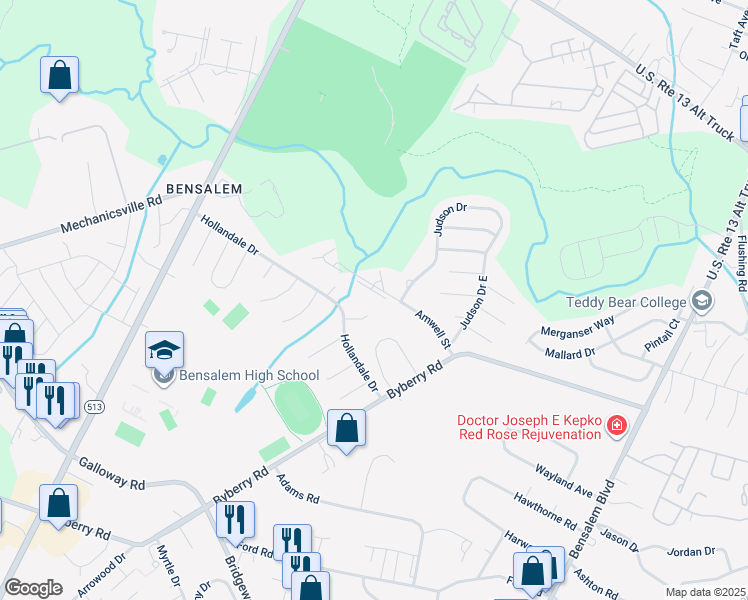 map of restaurants, bars, coffee shops, grocery stores, and more near 1610 Horace Court in Bensalem