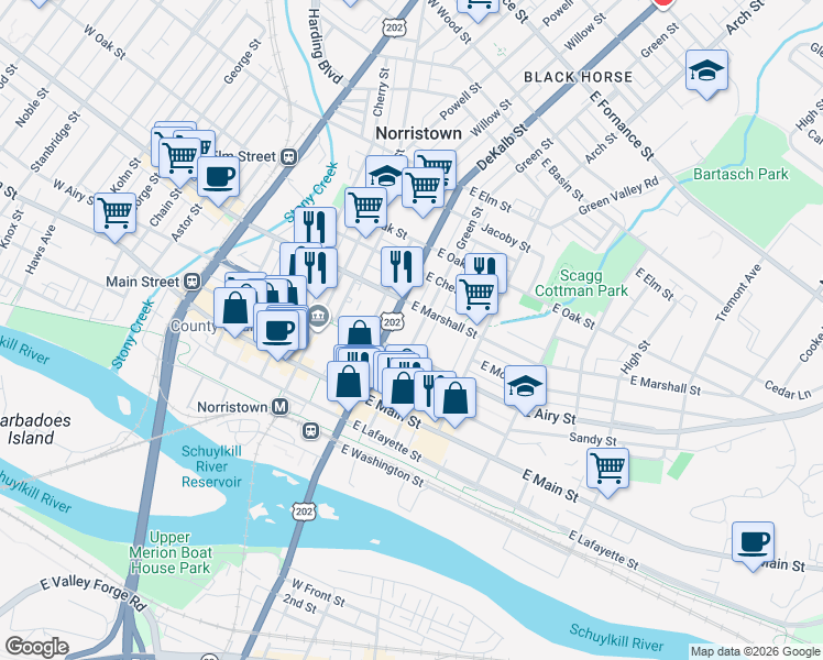 map of restaurants, bars, coffee shops, grocery stores, and more near 534 DeKalb Street in Norristown