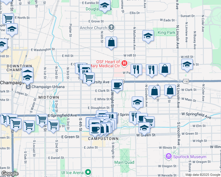 map of restaurants, bars, coffee shops, grocery stores, and more near 109 South Wright Street in Champaign