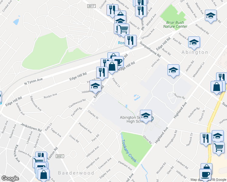 map of restaurants, bars, coffee shops, grocery stores, and more near Mount Vernon Gardens Drive in Glenside