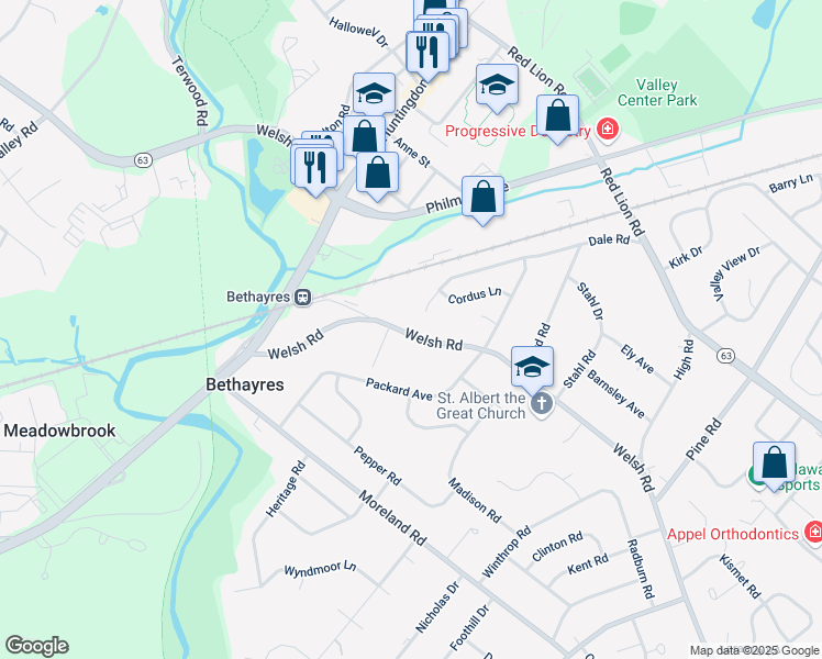map of restaurants, bars, coffee shops, grocery stores, and more near 421 Welsh Road in Montgomery County