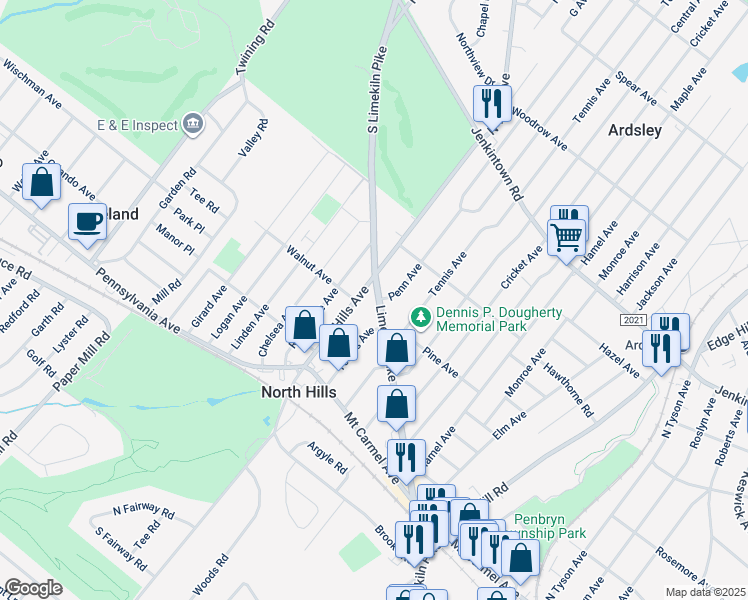 map of restaurants, bars, coffee shops, grocery stores, and more near 3024 Limekiln Pike in Glenside