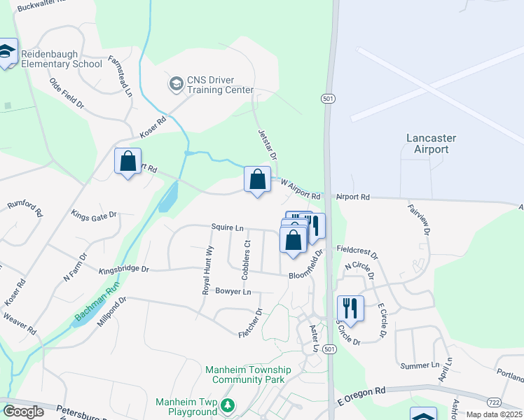 map of restaurants, bars, coffee shops, grocery stores, and more near 5B Falcon Lane in Lititz