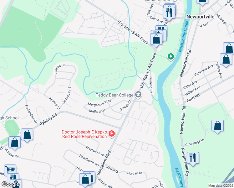 map of restaurants, bars, coffee shops, grocery stores, and more near 5157 Merganser Way in Bucks County