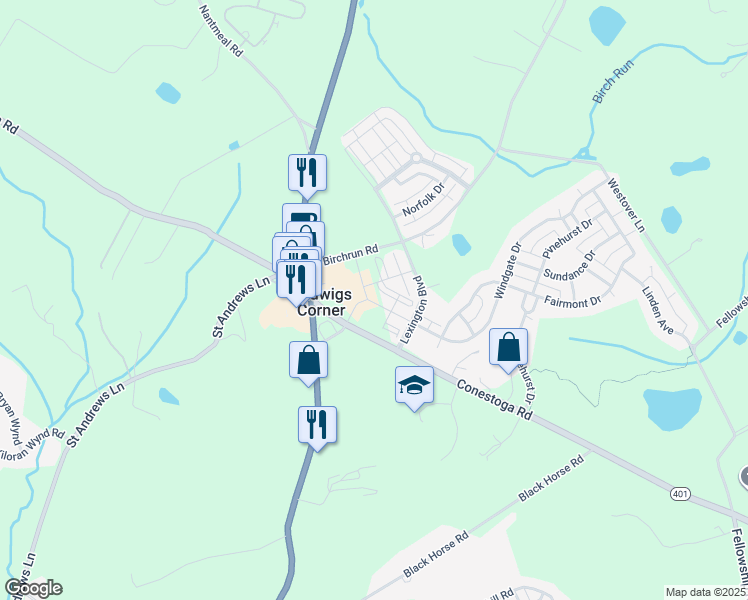 map of restaurants, bars, coffee shops, grocery stores, and more near 2 Windgate Drive in Chester Springs