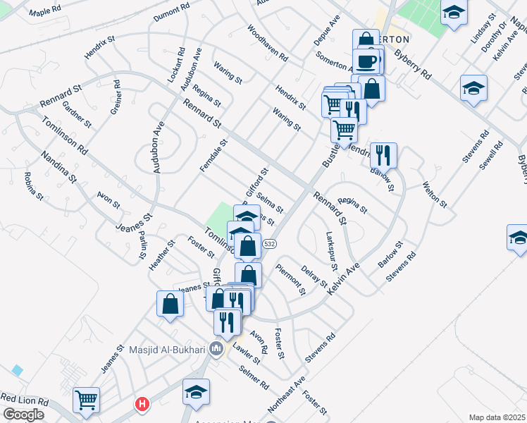 map of restaurants, bars, coffee shops, grocery stores, and more near 553 Burgess Street in Philadelphia