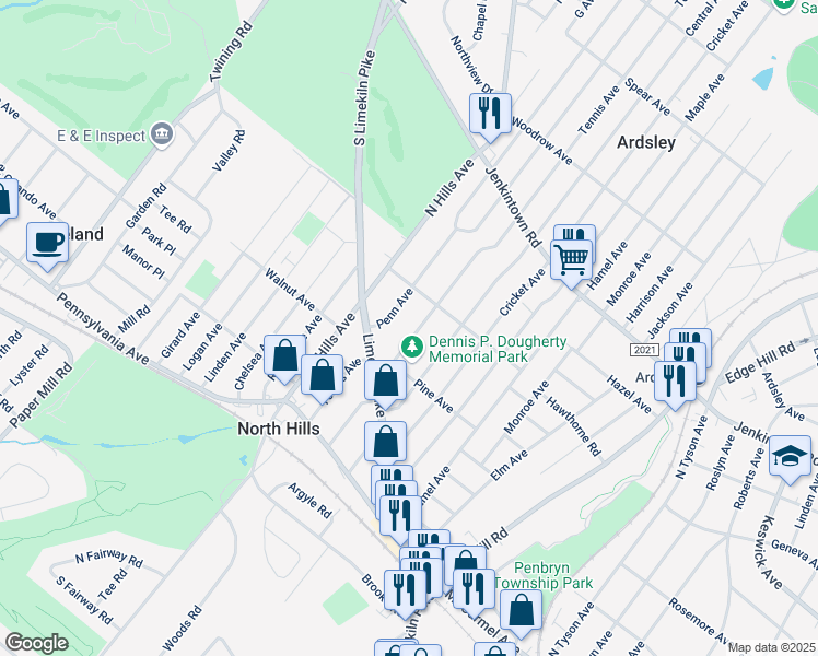 map of restaurants, bars, coffee shops, grocery stores, and more near 335 Penn Avenue in Glenside