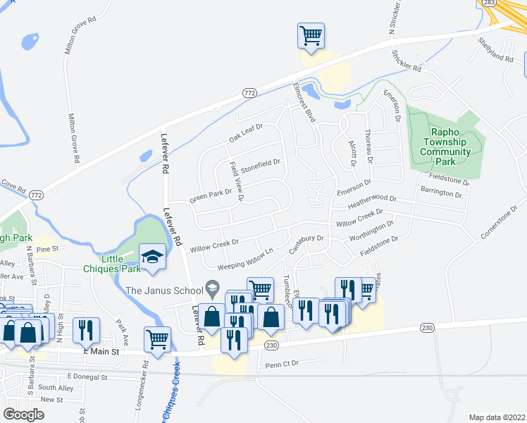 map of restaurants, bars, coffee shops, grocery stores, and more near 4177 Green Park Drive in Mount Joy