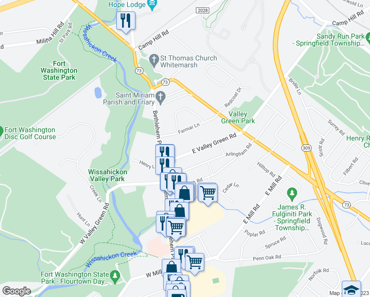 map of restaurants, bars, coffee shops, grocery stores, and more near 6317 East Valley Green Road in Flourtown
