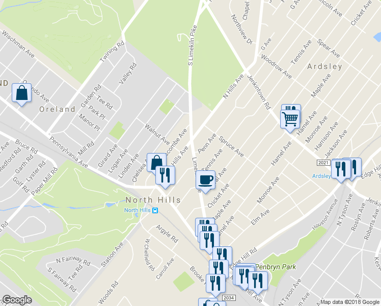 map of restaurants, bars, coffee shops, grocery stores, and more near 3024 Limekiln Pike in Glenside