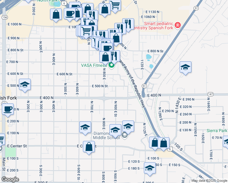 map of restaurants, bars, coffee shops, grocery stores, and more near 900 East 500 North in Spanish Fork