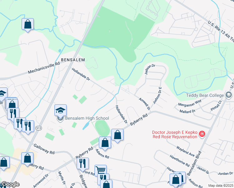 map of restaurants, bars, coffee shops, grocery stores, and more near 1749 Hollandale Drive in Bucks County