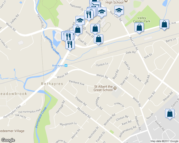 map of restaurants, bars, coffee shops, grocery stores, and more near 421 Welsh Road in Montgomery County