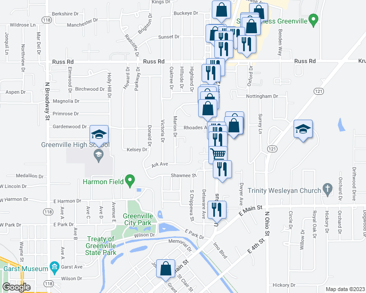 map of restaurants, bars, coffee shops, grocery stores, and more near 243 Marion Drive in Greenville