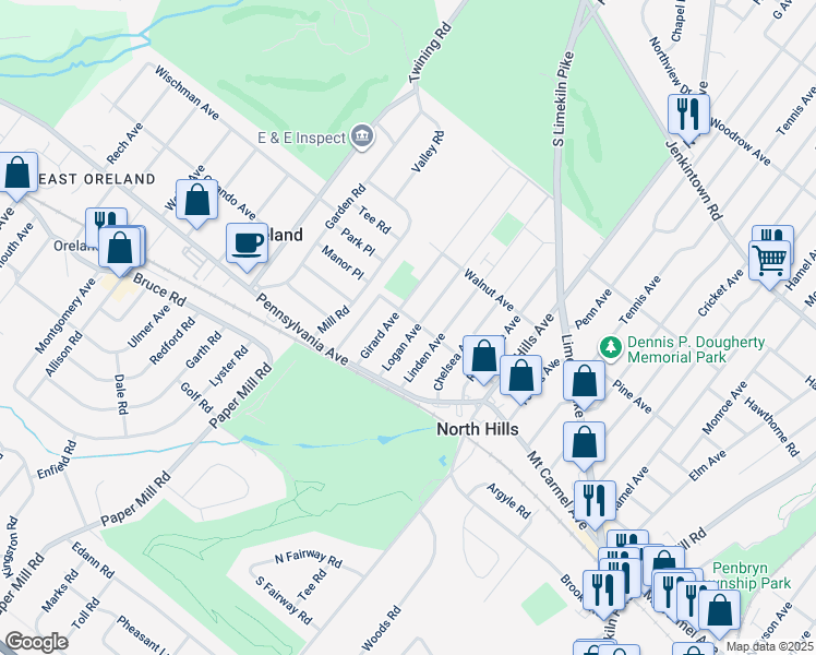 map of restaurants, bars, coffee shops, grocery stores, and more near 158 Logan Avenue in Glenside