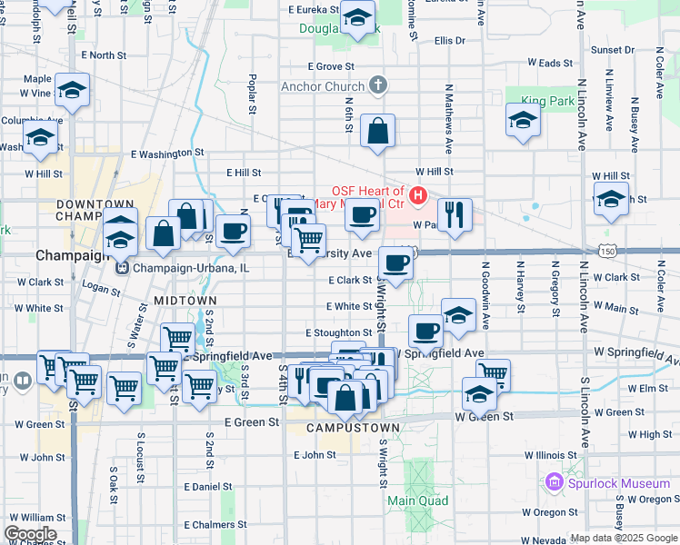 map of restaurants, bars, coffee shops, grocery stores, and more near 503 East University Avenue in Champaign